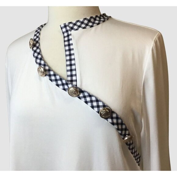 Nora Cora Long Sleeve White Pullover Asymmetric Neck Gingham & Button Accents LG - Picture 3 of 11